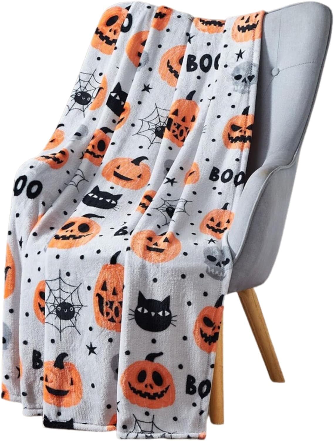 Serafina Home Halloween Throw Blanket: Fuzzy Boo! Jack O'Lantern Spider Webs Skull and Black Cats Print on Velvet Fleece for Sofa Bed Couch Chair Dorm