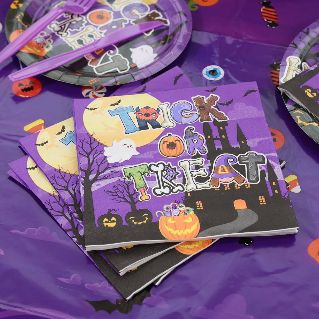 YIBAGA Halloween Party Supplies 194 PCs Serve 24, Ghost Pumpkin Witch Paper Plates Napkins Cups Tablecloth Banner Party Decor