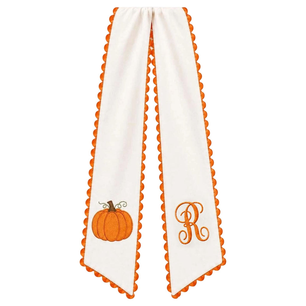 Pumpkin Embroidered Wreath Sash, 50 x 5 inch Orange Scalloped Lettered Ribbon for Halloween, Thanksgiving, Front Door, Seasonal Garland and Fall Home Decor, W