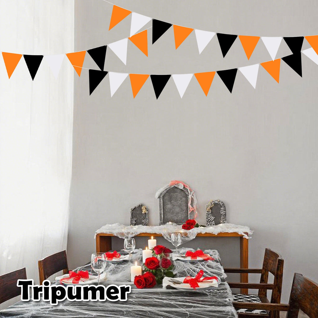 Tripumer 120 Pcs Triangle Flag Banner String for Halloween Decorations 164ft Birthday Hanging Flag for Birthday Party Mardi Gras Outdoor Event Decorations - Black+White+Orange