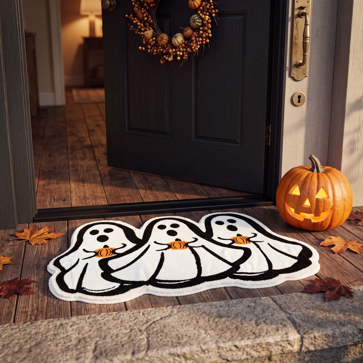 Halloween Doormat Ghost Bath Mat 23.6x15.7in Secure-Grip Absorbent Soft Faux Fur Rug for Bathroom Bedroom Living Room Decor by OVFUIZ