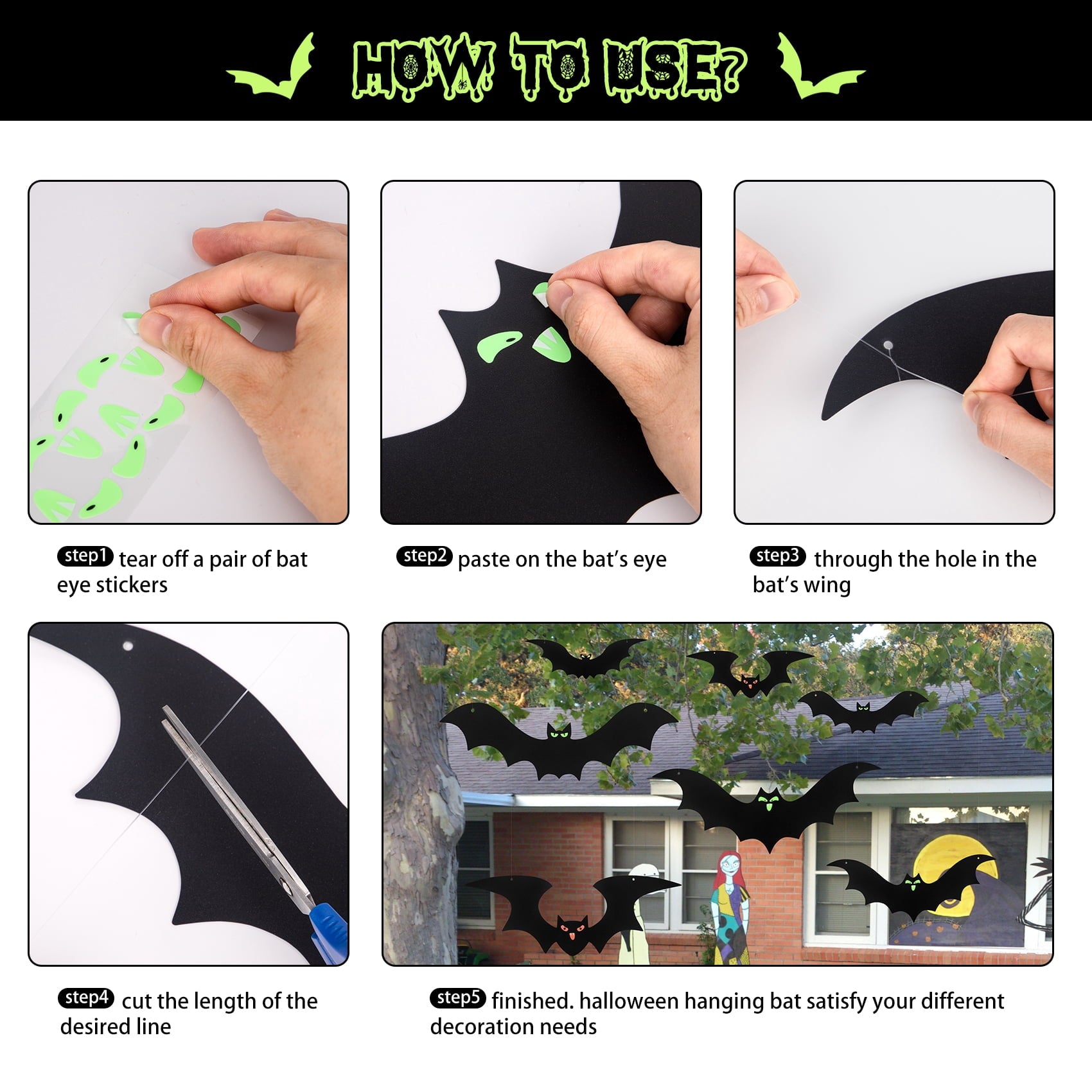 HiberyHom 24 Pack Hanging Bats Halloween Decorations Outdoor, Waterproof Black Plastic Bats 3 Different Sizes with Glowing Eyes Stickers, Bat Decorations Perfect for Halloween Hanging Tree Decor
