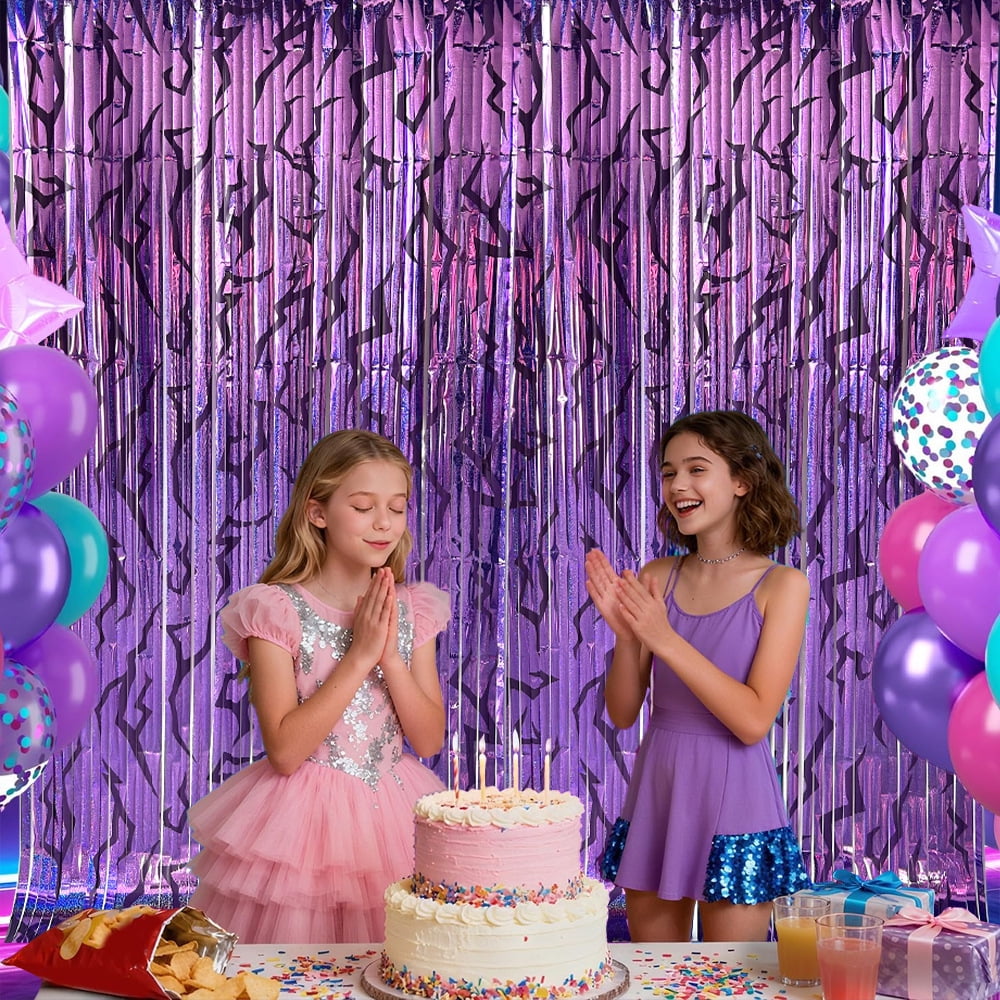 3PCS Foil Fringe Curtains Purple Gradient Holographic Backdrop with Demon Energy Pattern, 6.6ft Streamer Decorations for Birthday Graduation Bachelor Party