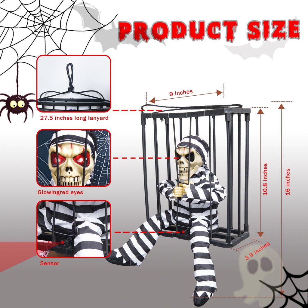 Magotan Screaming Animated Halloween Decorations, Outdoor Indoor Hanging Spooky Halloween Decoration, Scary Skull Cage with Motion Sensor