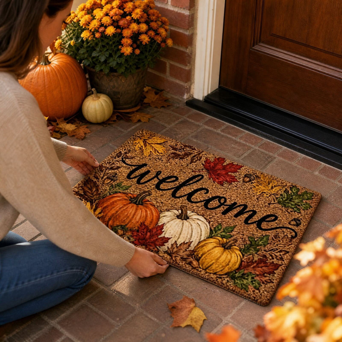 syligr Halloween Thanksgiving Doormat with Maple Leaf & Pumpkin Patterns - Non-Slip Floor Mat for Entryway, Kitchen, Porch, Fall Harvest Decor Rug with Anti-Fatigue Backing, Gift for Thanksgiving
