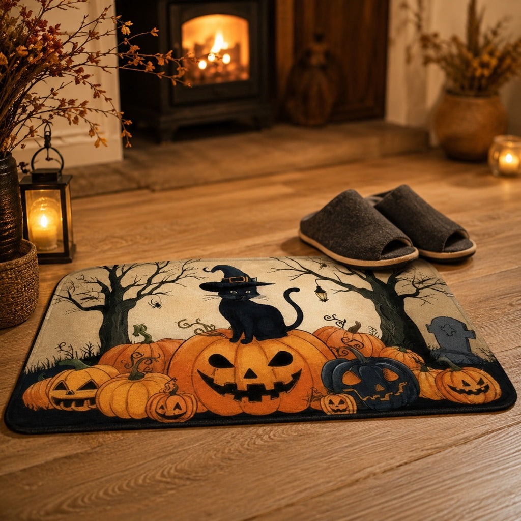 Halloween Black Cat Doormat, 23.6x15.7 Inch Spooky Pumpkin Floor Rug, Non-Slip Seasonal Entryway Mat for Front Door Porch & Indoor Decor