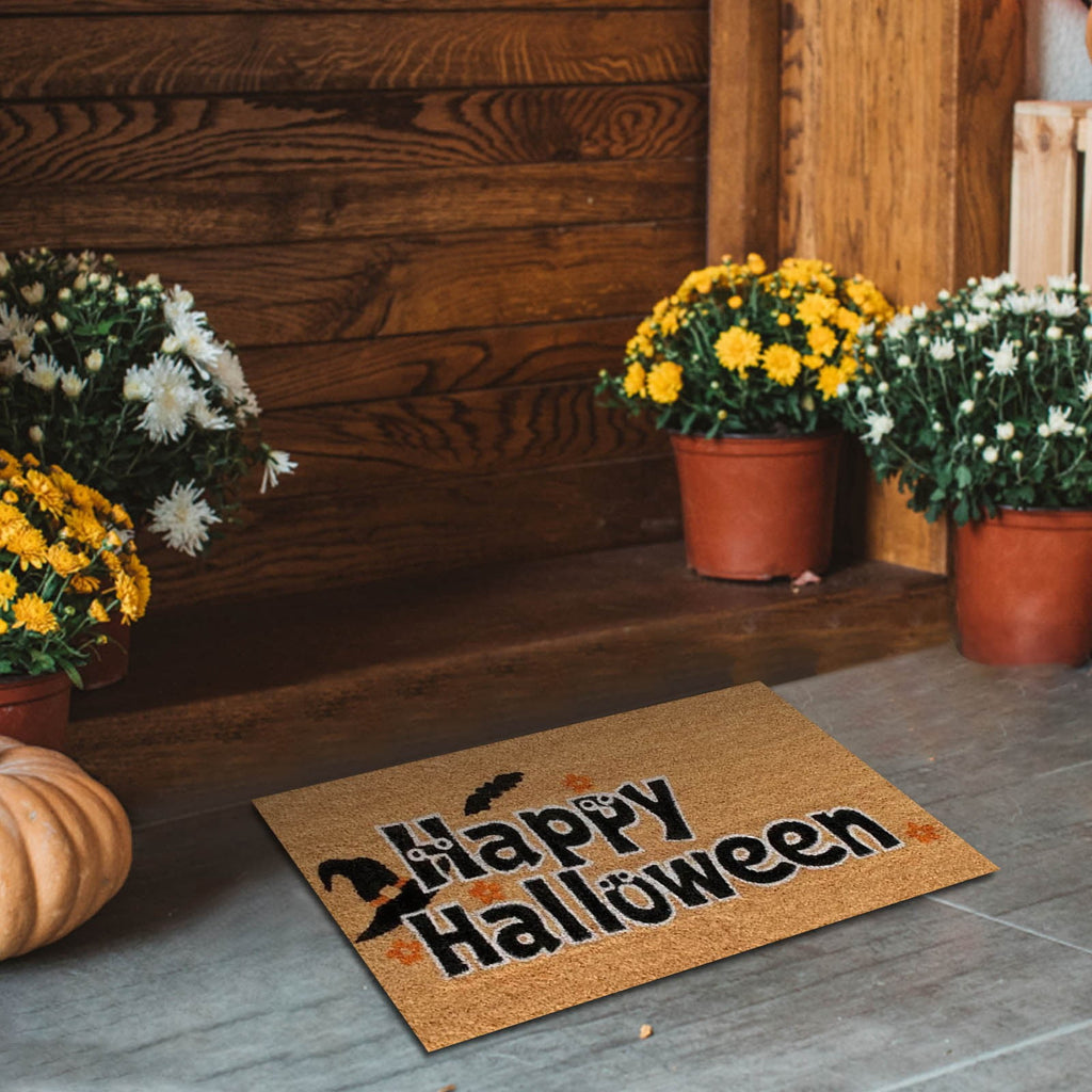 Wovilon Halloween Area Rug Doormat, Black Castle Front Door Mat Non Slip Rubber Backing, Happy Halloween Orange Indoor Outdoor Entrance Mats, Halloween Home Decor Outdoor Rug, 16 X 24 Inches
