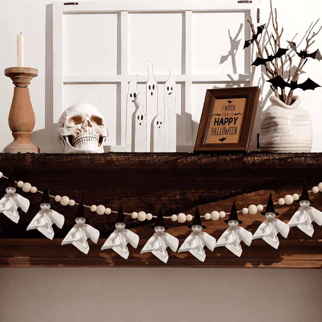 84 Inch Halloween Ghost Banner with Witch Hat, Rustic Wooden Bead Ghost Banner, Halloween Hanging Decor for Fireplace, Mantel, Wall, Party & Home