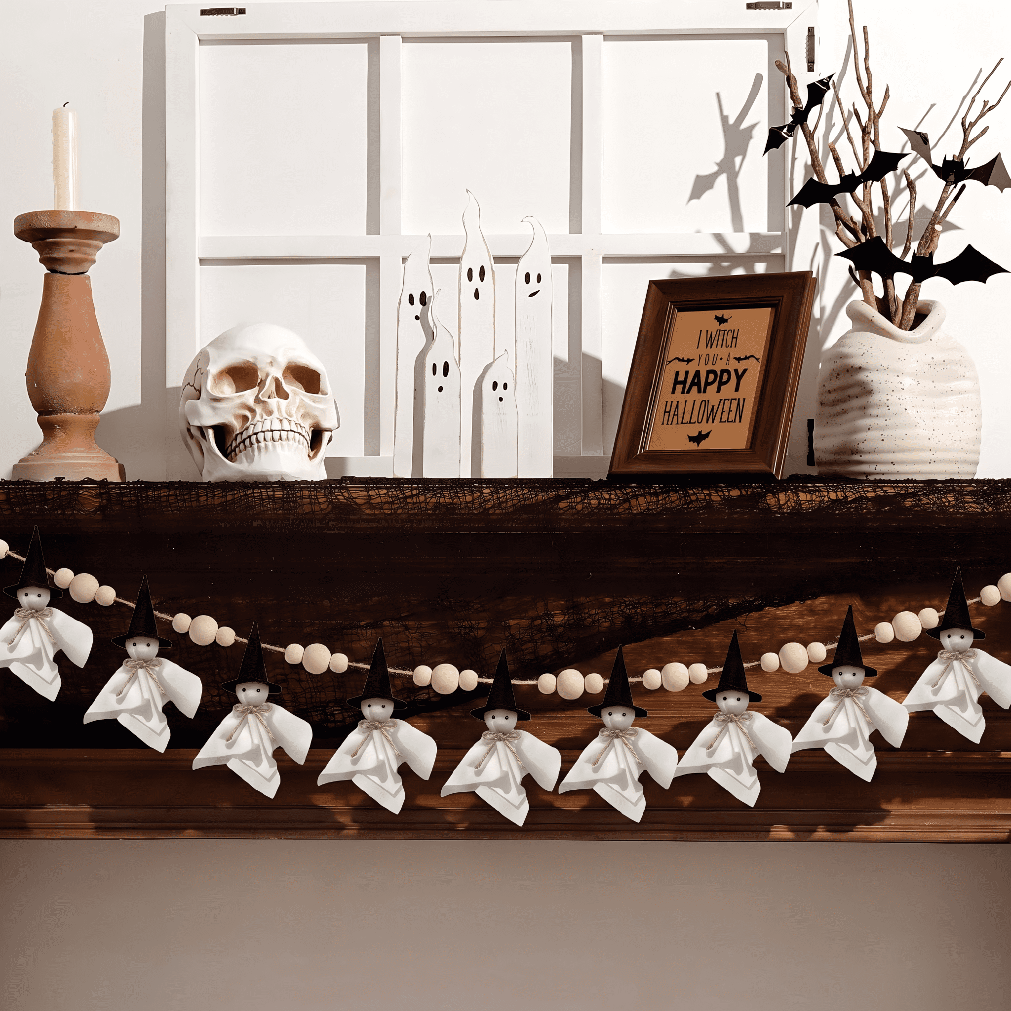 84 Inch Halloween Ghost Banner with Witch Hat, Rustic Wooden Bead Ghost Banner, Halloween Hanging Decor for Fireplace, Mantel, Wall, Party & Home