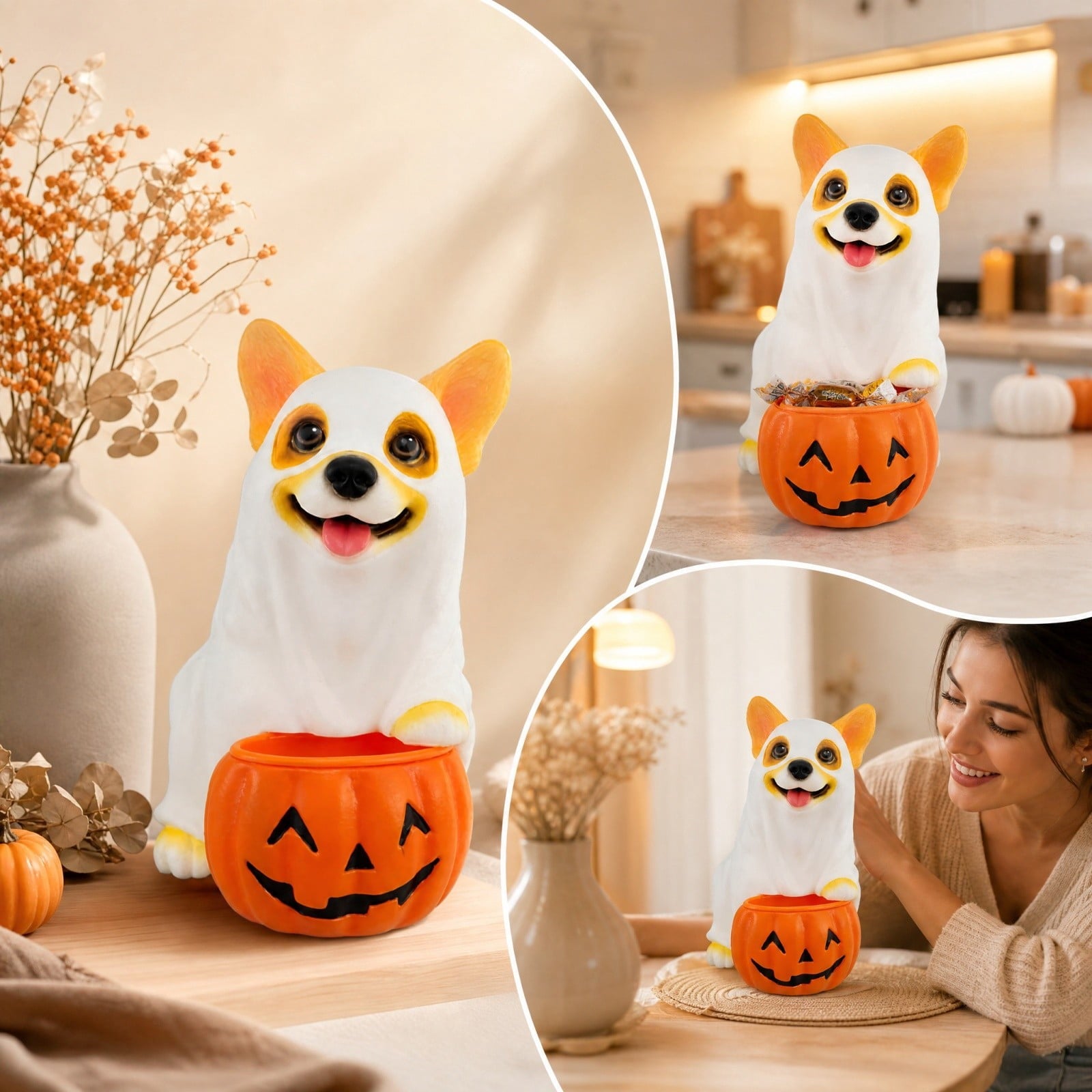 Diceymbol Halloween Pumpkin Snack Bowl Stand Collapsible Broomstick Candy Tray for Cupcakes & Desserts, Resin Serving Platter with Ceramic Pumpkin Bowls