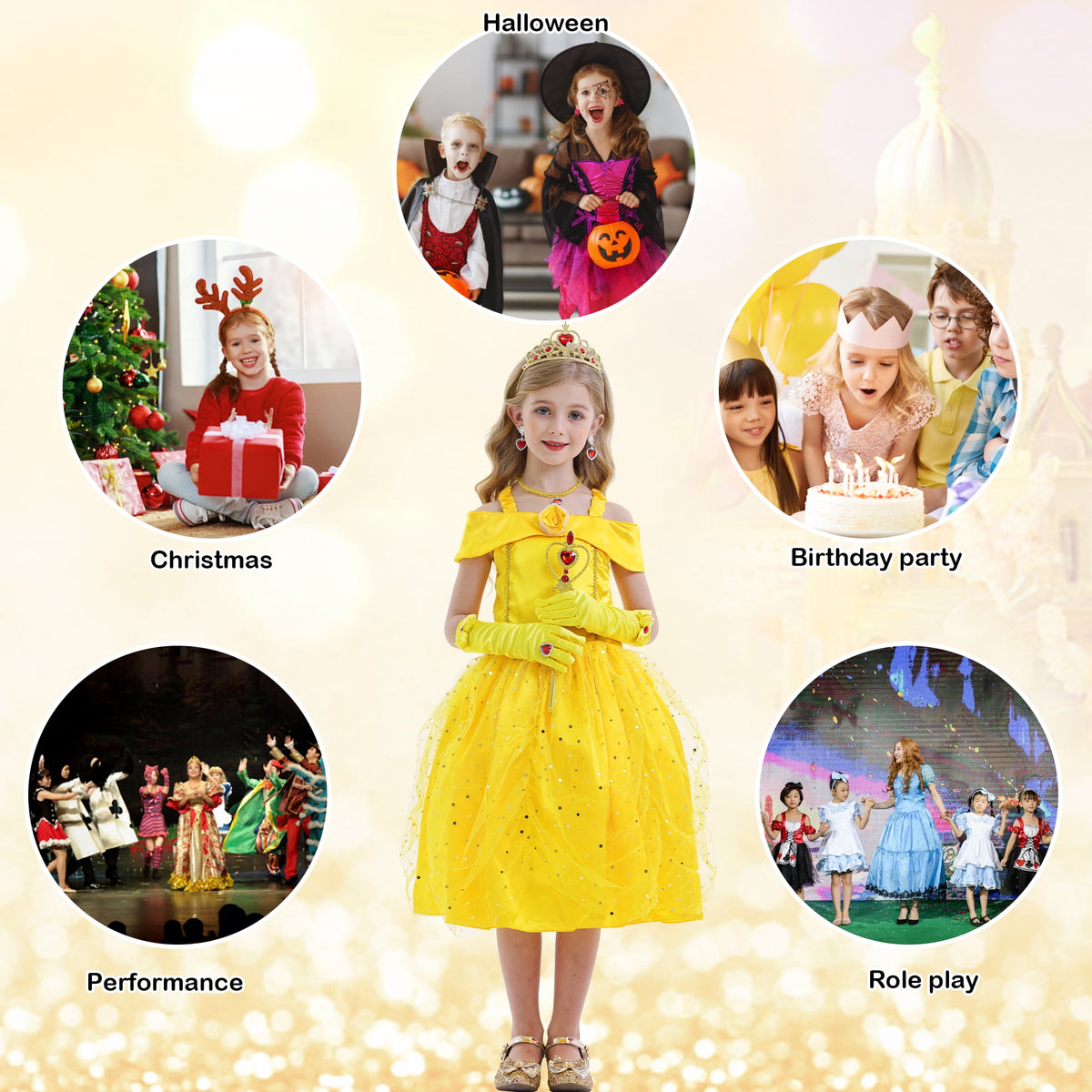 Jurebecia Princess Dress for Girls Costume Kids Off Shoulder Layered Toddler Halloween Cosplay Birthday Party Outfit up Yellow 120 cm 5-6 Years