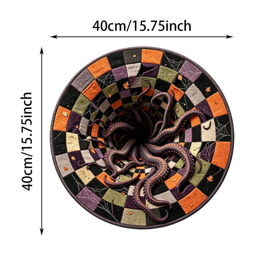 Candy Corn Octopus Abyss Quilted Round Mat, 3D Halloween Optical Illusion Rug, Optical Illusion with Depth Pattern, Non- Soft Fabric (15.7in)