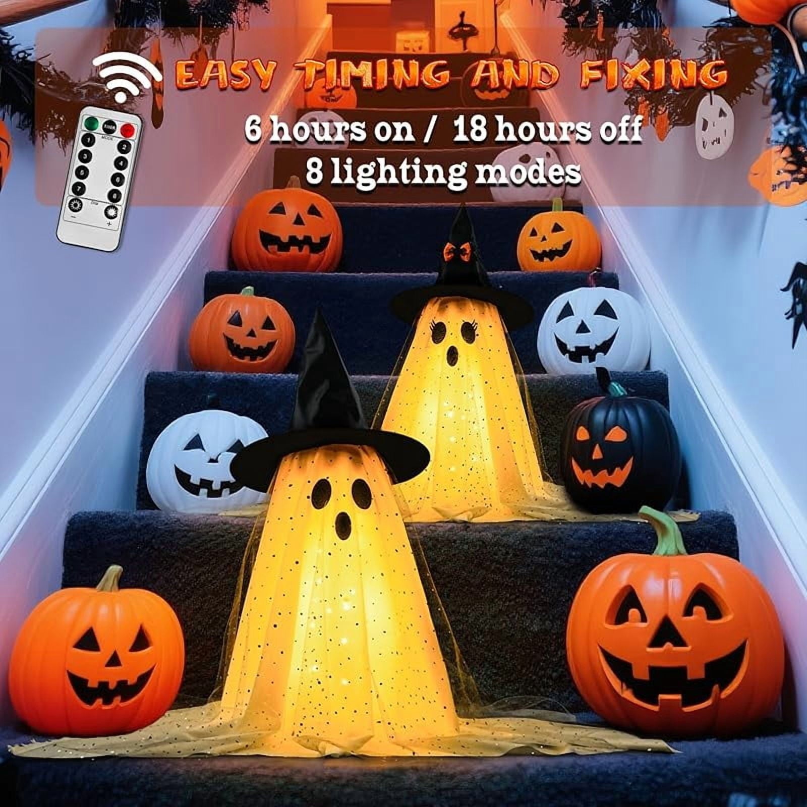 2-Pack Halloween Decorations Outdoor, Halloween Party Decorations Indoor, Ghost Decorations with Remote Control String Lights, Halloween Ghost Lights Suitable for Porch, Courtyard, Garden, Lawn