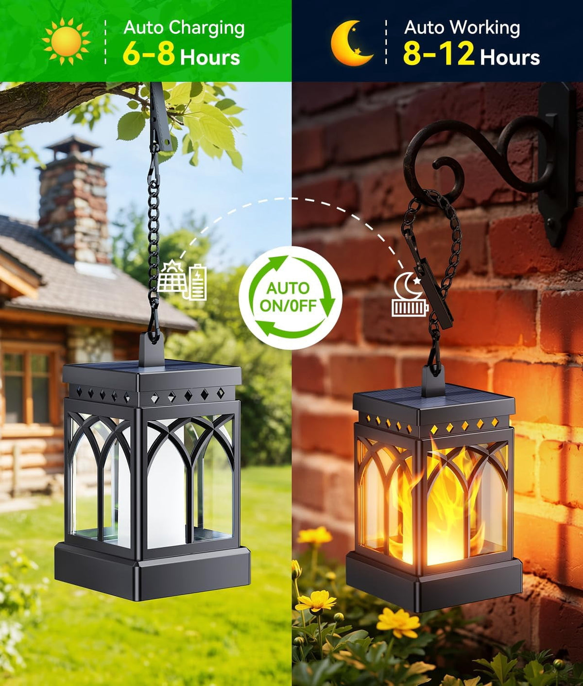 Diigabo 2-Pack Solar Lanterns Outdoor Flickering Flame Waterproof Hanging Lanterns Solar Powered LED for Patio Deck Yard
