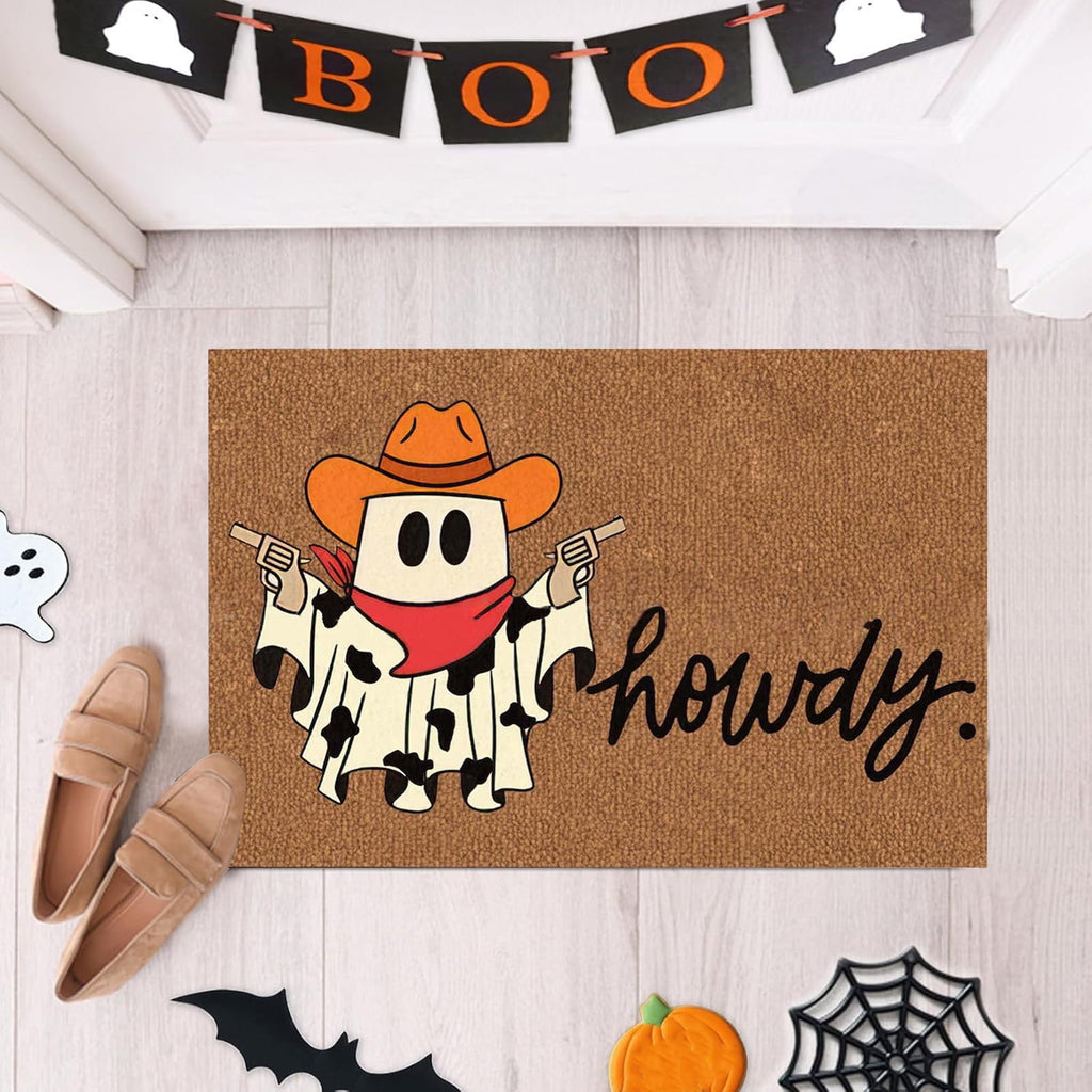 Halloween Doormat Coir Door Mat Howdy Ghosts Happy Halloween Door Mat Indoor Outdoor Front Door Mat Non-Slip Rubber Back Funny Door Mats Low Profile Machine Washable