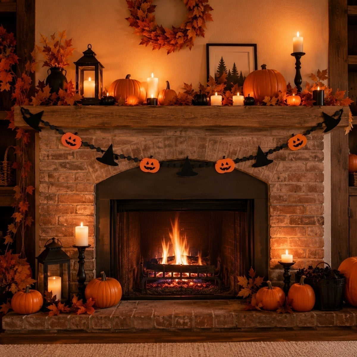 Halloween Decorations Cute Spooky Felt Garland, Black Bead Chain Pumpkin Witch Hat Ghost Banner for Home Indoor Holiday Decor