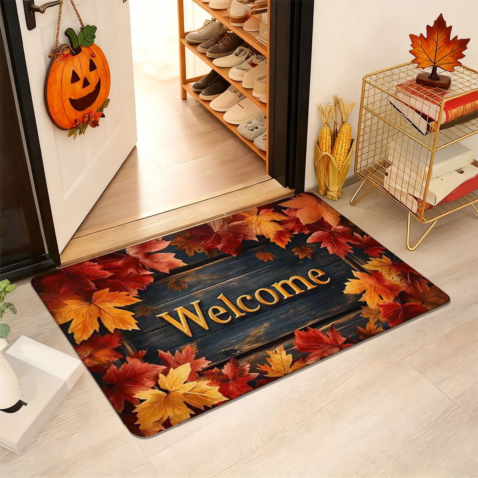 syligr Halloween Thanksgiving Doormat with Maple Leaf & Pumpkin Patterns - Non-Slip Floor Mat for Entryway, Kitchen, Porch, Fall Harvest Decor Rug with Anti-Fatigue Backing, Gift for Thanksgiving