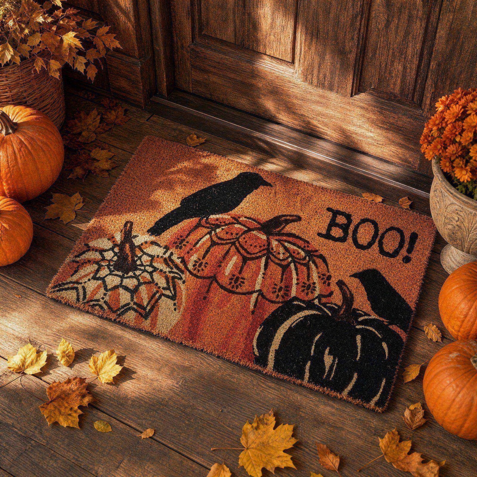 STIJGGN Halloween Ghost Boo Checkered Coir Rug, 23"×15" Fall Outdoor Front Door Decor Mat, Washable Hand-Woven Rug for Layered Doormat, Autumn Halloween Thanksgiving Carpet for Porch, Entryway