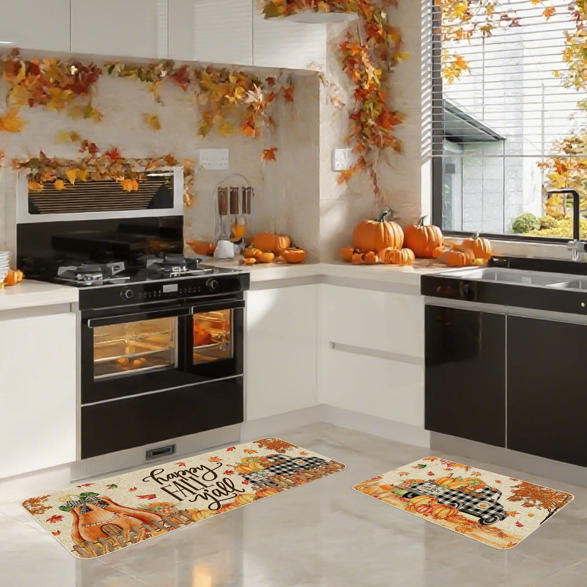 HOARBOEG Kitchen Floor Mat, Halloween Thanksgiving Fall Floor Mats 2-Piece Set - Non-Slip Pumpkin Maple Leaf Decor Rug for Bathroom Kitchen Porch Entrance, Holiday Home Decor
