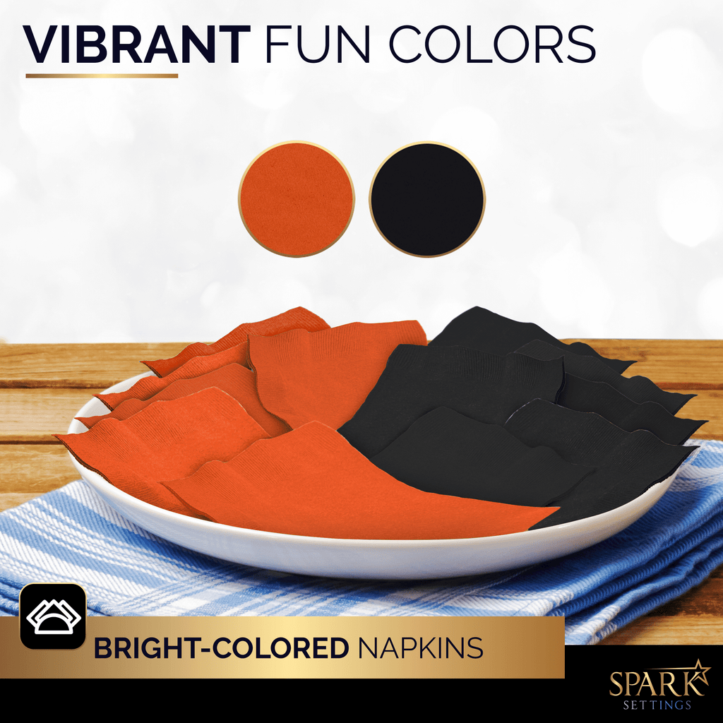 Amcrate Big Party Pack 200 Count Black Orange Beverage Napkins - Ideal for Halloween Party, Wedding, Party, Birthday, Dinner, Lunch, Cocktails. (5” x 5”)