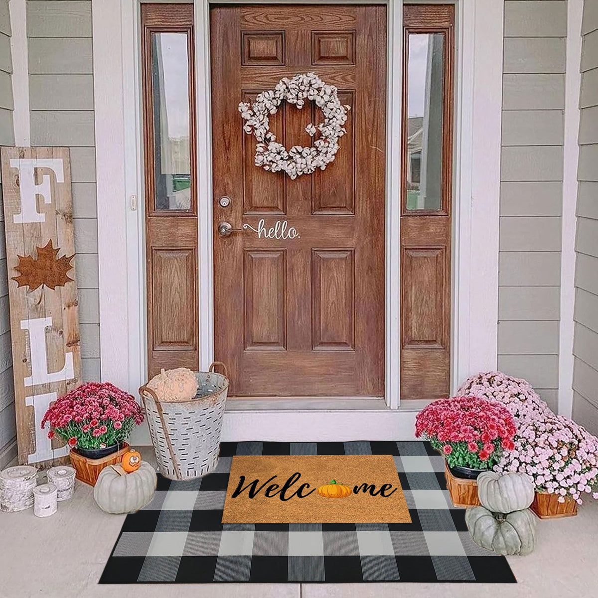 Fnochy Halloween Door Mat Outdoor 23.6"x35.4", Fall Decor Buffalo Plaid Outdoor Rug, Farmhouse Checkered Layered Welcome Door Mat for Entryway, Halloween Front Porch Decor, Orange and White