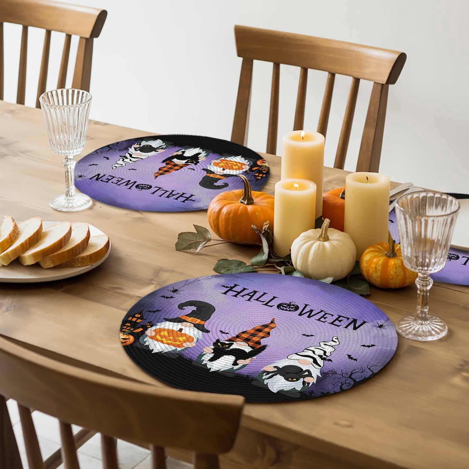 Halloween Round Placemats Set of 4 Gnomes Pumpkin Place Mats Washable Woven Placemat Black Cat Bat Castle Purple Circle Braided Table Mat for Kitchen Dining Table Holiday Party Home Decor 15 Inch