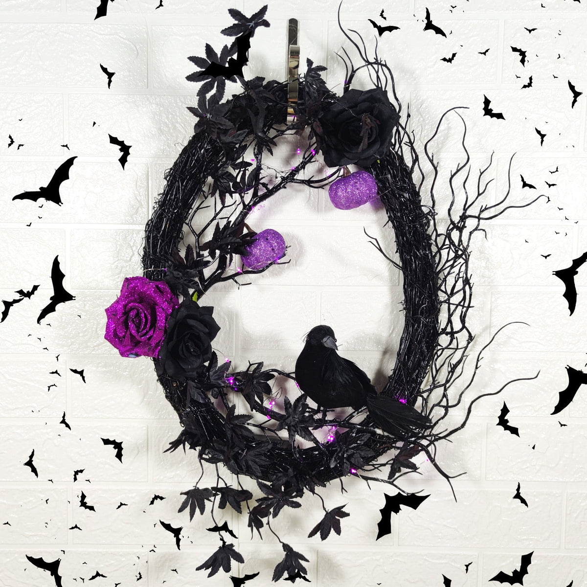 Gcvizuso Halloween Wreath with LED Light String, Purple Rose Black Crow Oval Spooky Twig Wreath for Front Door Window Fireplace Decor