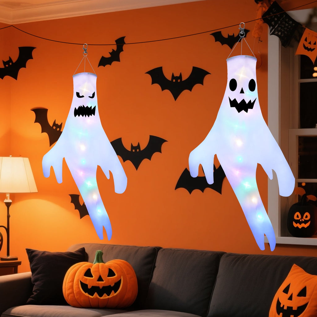 Qoosea 3 Pack Halloween LED Lights Witch Hat Ghost Hangers, Purple/Green/Orange, 3 Lighting Modes, Waterproof Battery Case, Halloween Decorations