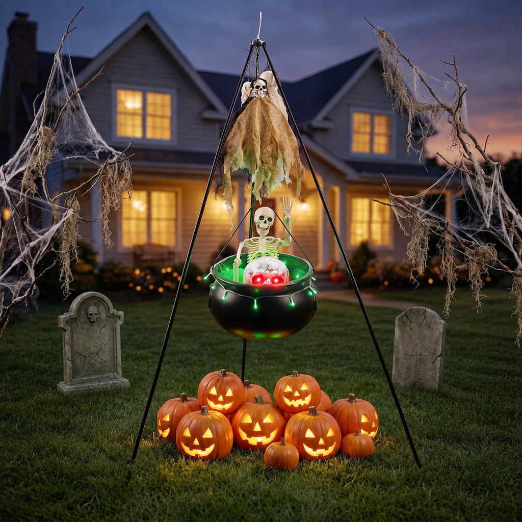 Halloween Decorations Bundle - 78cm/30.7" Witches Cauldron on 54" Tripod with Green LED Lights, 3pcs 40cm Skeleton, 60cm Skeleton, Skull Ornament, 4 Hooks - Indoor Outdoor Yard Porch Party Supplies