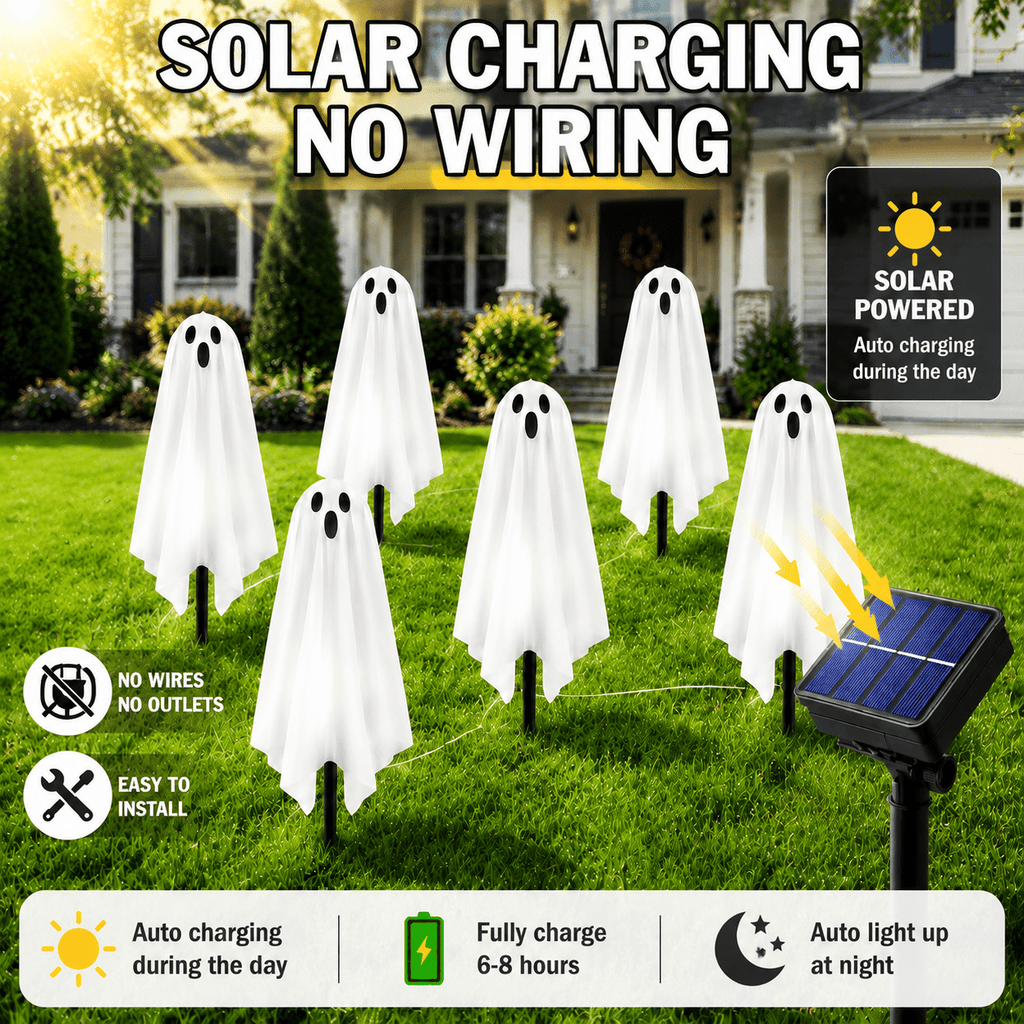 6 Pack Solar Halloween Ghost String Stake Lights, White LED Pathway Lights with 8 Lighting Modes, Waterproof Outdoor Halloween Decor for Garden Yard Lawn Walkway Graveyard Decor