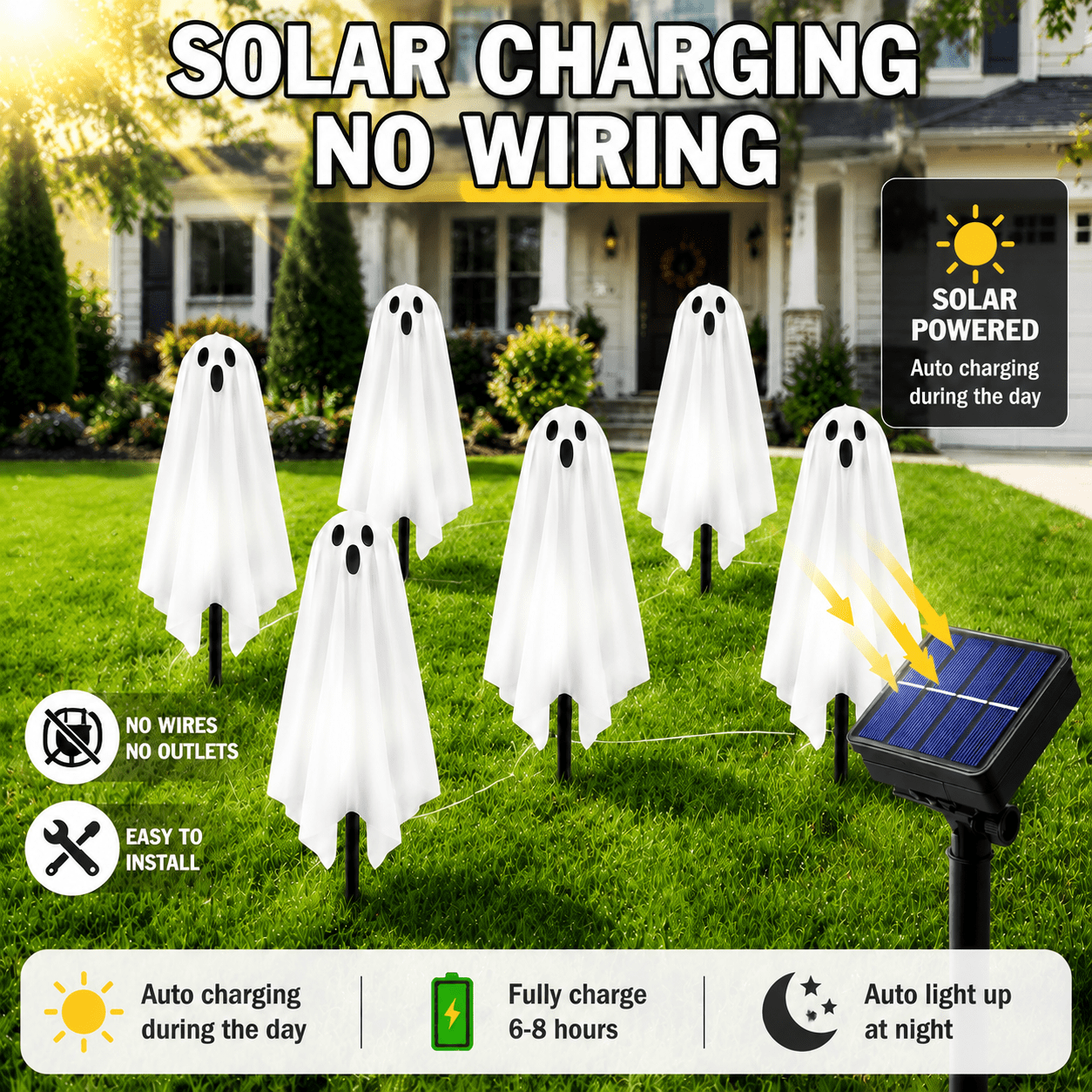 6 Pack Solar Halloween Ghost String Stake Lights, White LED Pathway Lights with 8 Lighting Modes, Waterproof Outdoor Halloween Decor for Garden Yard Lawn Walkway Graveyard Decor