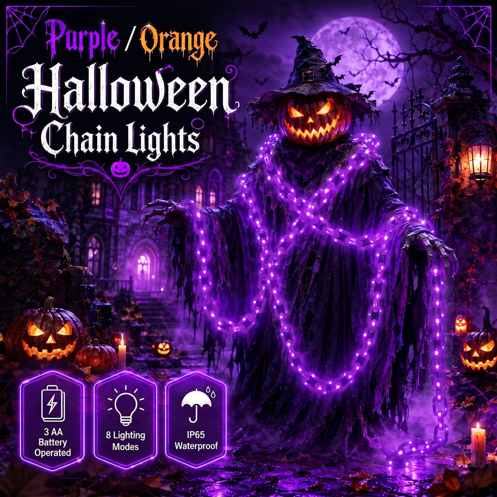 DAYBETTER 10FT Halloween Chain Lights, 8 Modes, Purple Lighted Props Chains, Waterproof for Outdoor Party, Creepy Cosplay, Spooky Ornaments