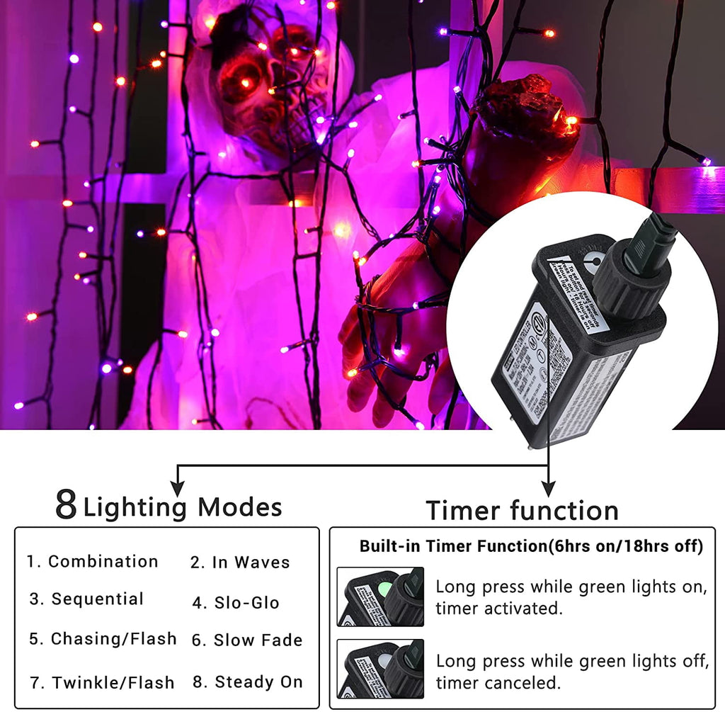 Toodour Orange & Purple Halloween Lights, 82ft 200 LED Plug in Halloween String Lights with 8 Modes, Memory & Timer Function, Connectable Halloween Outdoor Lights for Home, Garden, Halloween Decor