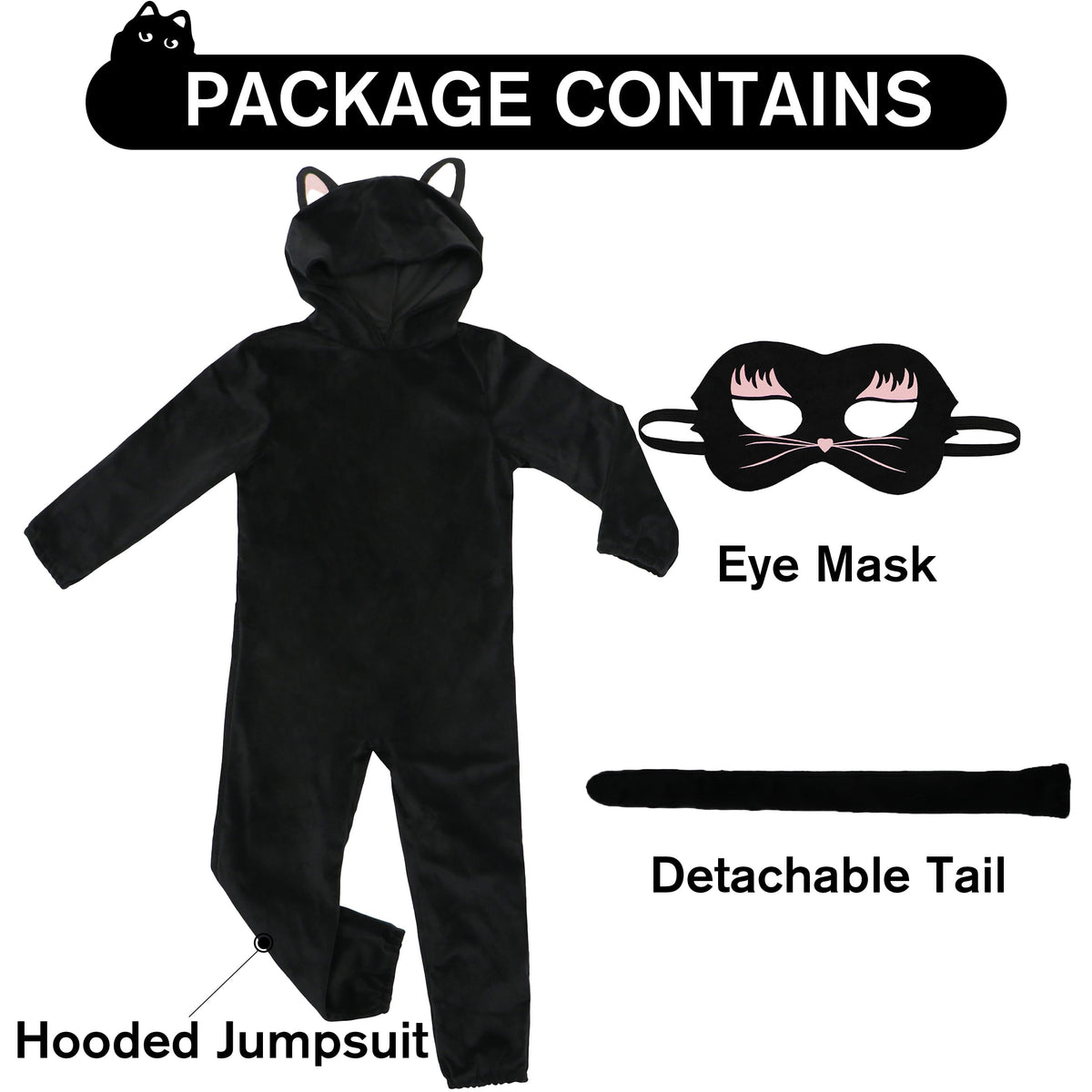 Kids Black Cat Costume with Hero Mask, Kitties Jumpsuit Fancy Dress Outfit Boys Girls for Halloween