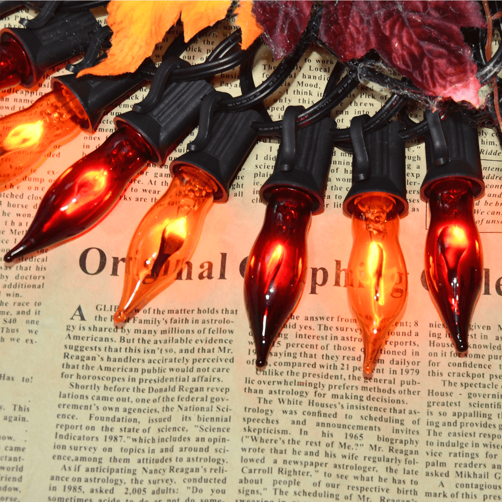 Halloween Lights Flickering Flame String Lights with 12 Pack C7 Orange Flame Light Bulbs (2 Spare), 12.8Ft Orange Flame String Lights for Indoor Outdoor Home Party Yard Halloween Decorations