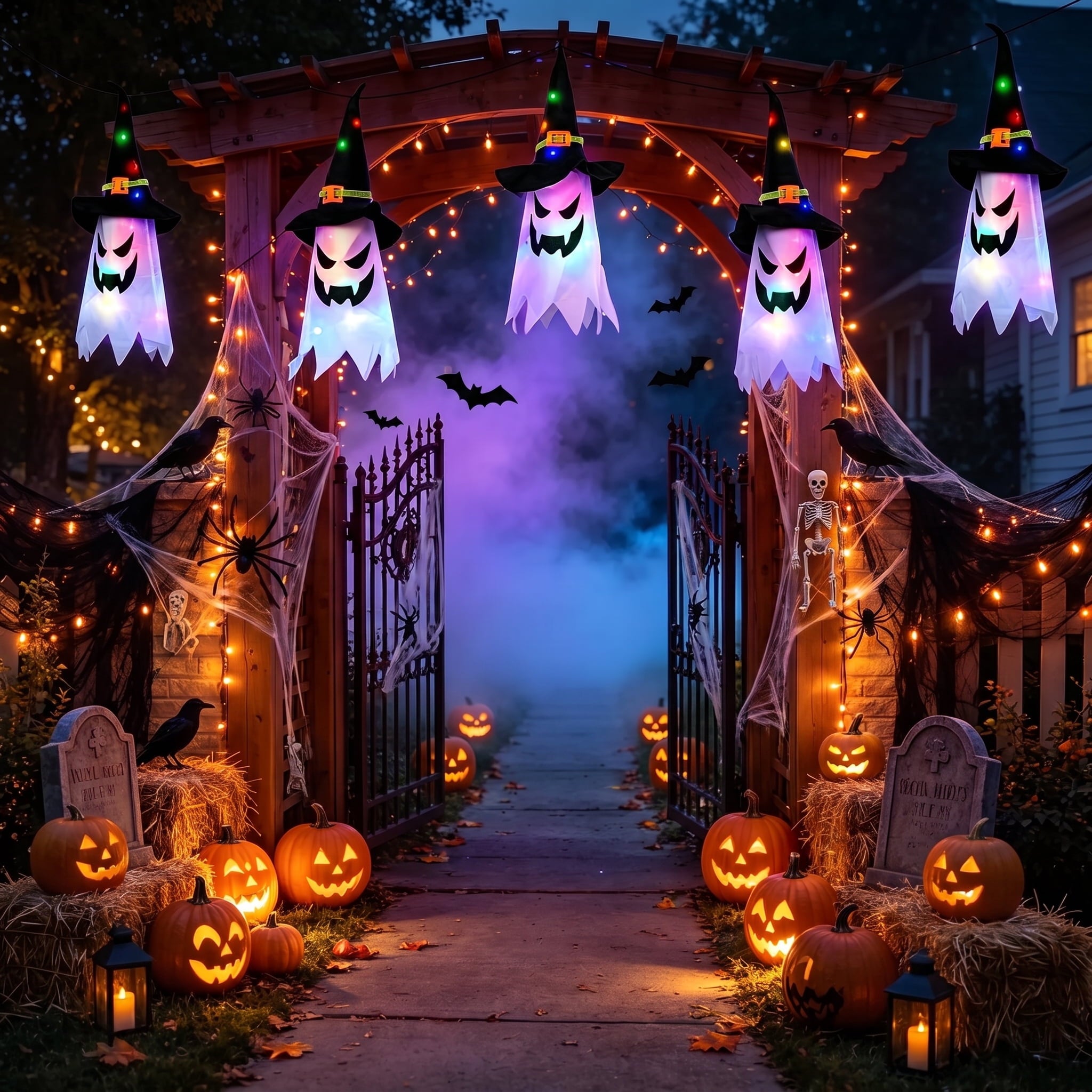 Scidweet Halloween Decorations Indoor Outdoor, 5 Pcs Halloween Lights Glowing Ghost Witch Hat Ornaments Gifts for Home Garden Yard