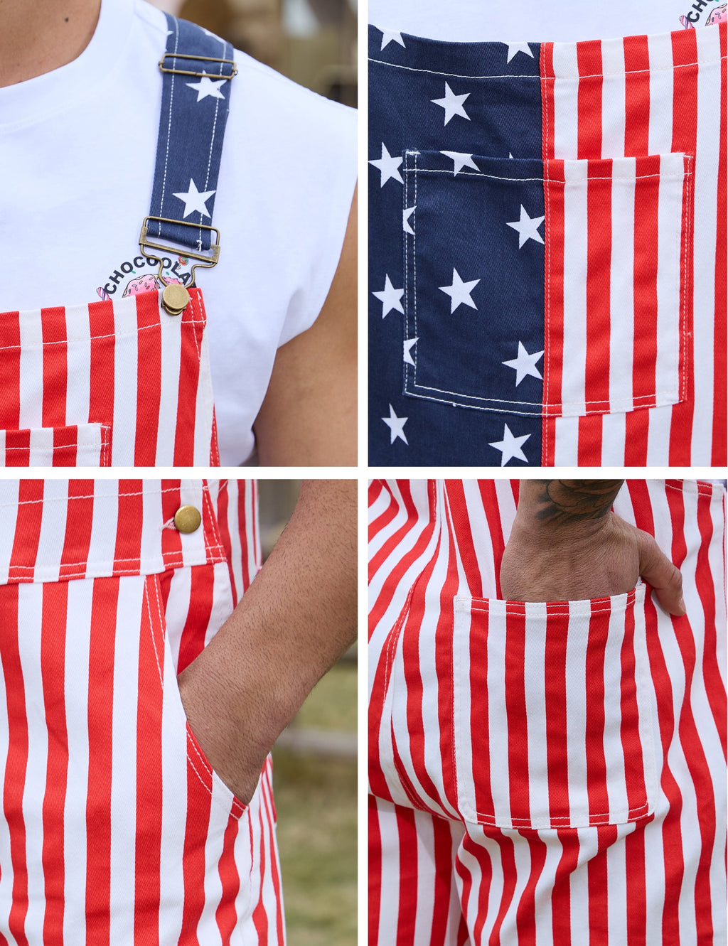 250th Anniversary American Flag Overalls Men,4th of July Cape,USA Sunglasses,Patriotic Socks,4 Pcs for Independence Labor Day(Red White and Blue,L)