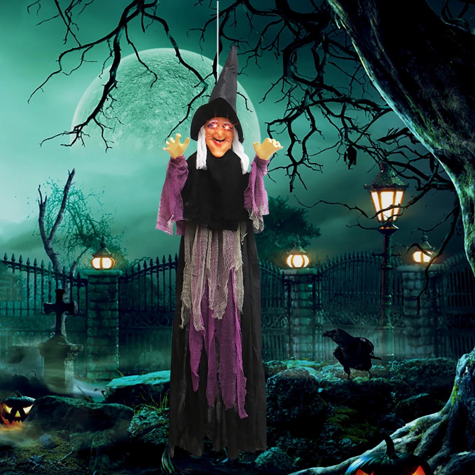 DAMAI 5.9 FT Hanging Witch Halloween Decorations Outdoor,Hanging Witch Halloween Decor,Giant Animated Standing Talking Witch with Red Eyes,Flying Witch Standing Decor for Haunted House Props