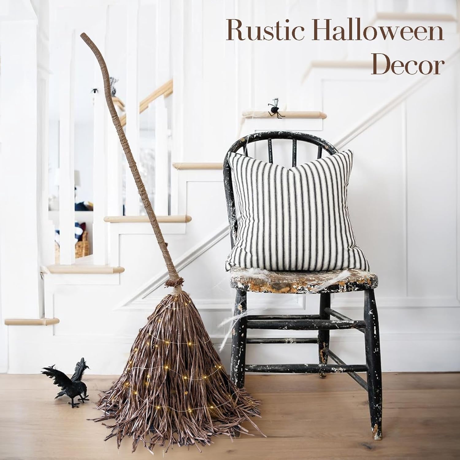 Halloween Decorations - Fall Decor for Home - 5.5 Ft Giant Light-Up Witches Broom - Rustic Farmhouse Decoration for Indoor Outdoor Front Door Porch