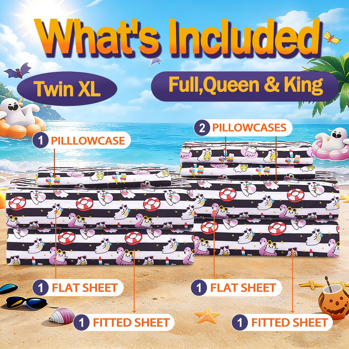 Summerween Crafted by Catherine Full 4-Piece Sheet Set, Black & White Nautical Ghosts