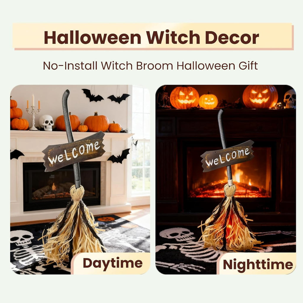 Halloween Witches Decor, Witches Broom Halloween Decor, Animated Floating Broomstick for Spooky Sounds, Haunted Party Decorations, Light-up Dancing Magic Witch Broom Porch Decor