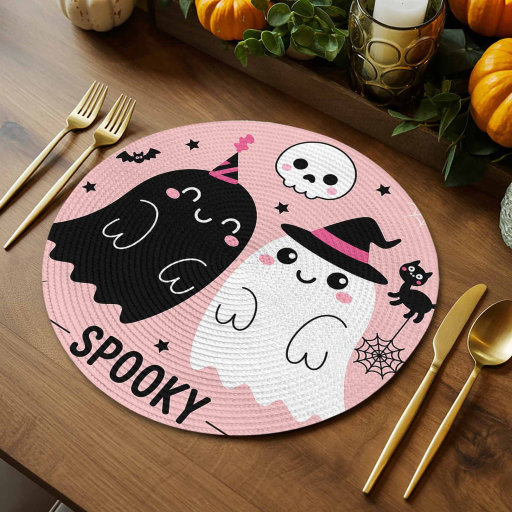Halloween Round Placemats Set of 4 Cute Ghost Place Mats Washable Woven Placemat Spooky Skull Bat Cat Pumpkin Pink Circle Braided Table Mat for Kitchen Dining Table Holiday Party Home Decor 15 Inch