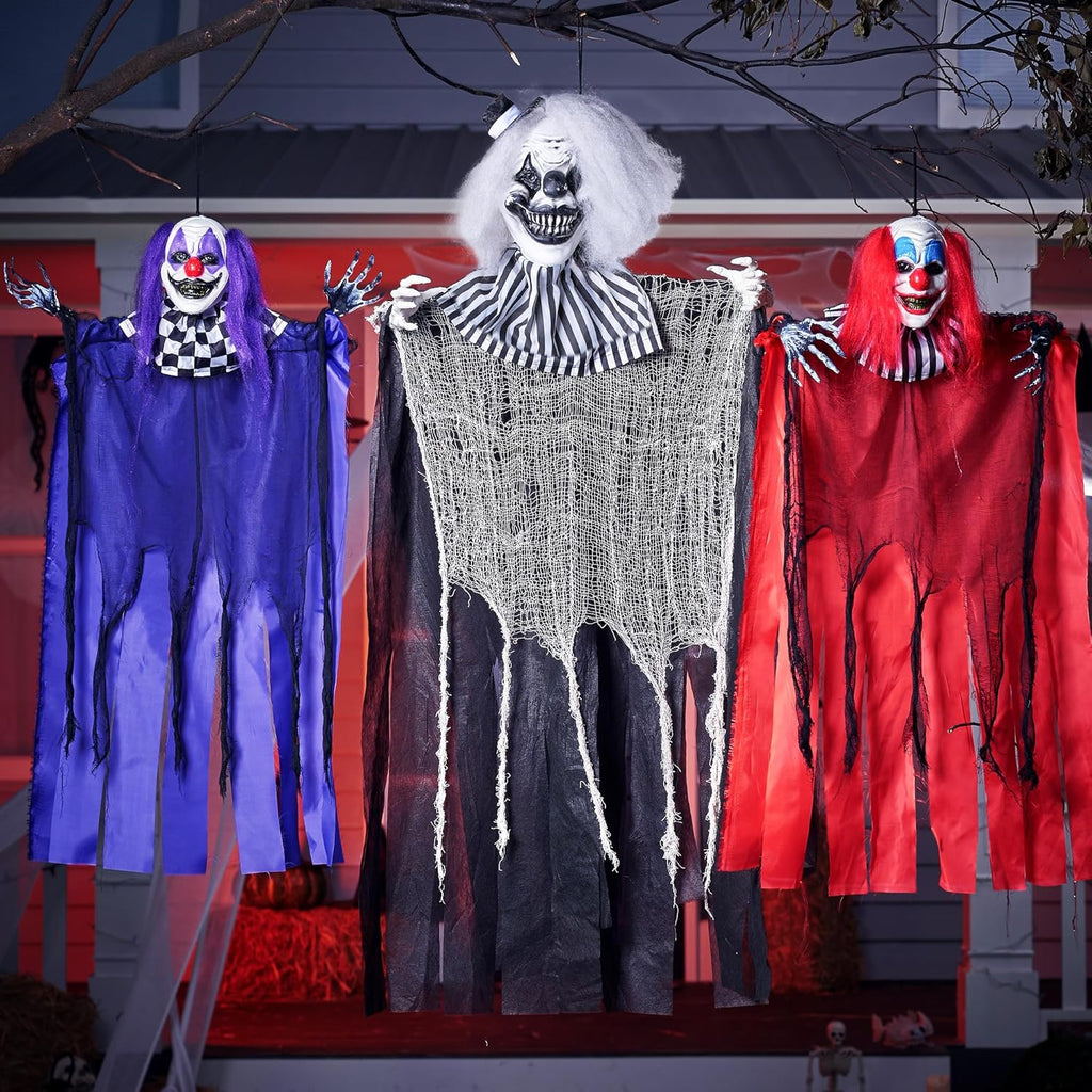 Joyfy 65" Halloween Hanging Scary Clown Decorations with Chain, with LED Lights Talking Animatronics Decor Outdoor Indoor for Haunted House Lawn Yard Patio