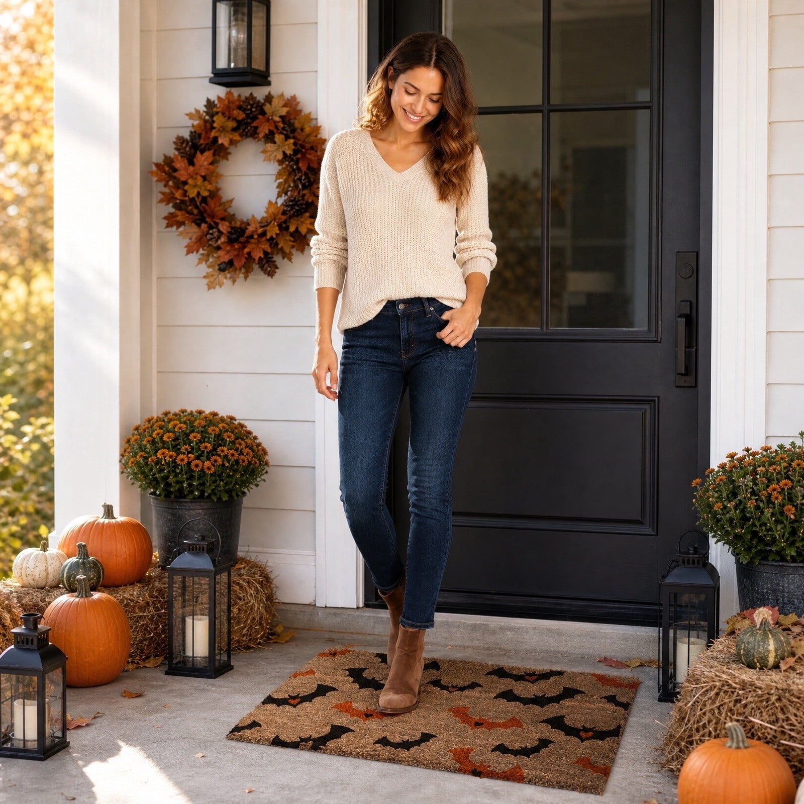 Halloween Heart Print Doormat 60x40cm, Black Orange Spooky Entry Mat for Front Door, Non-Slip Indoor Outdoor Rug