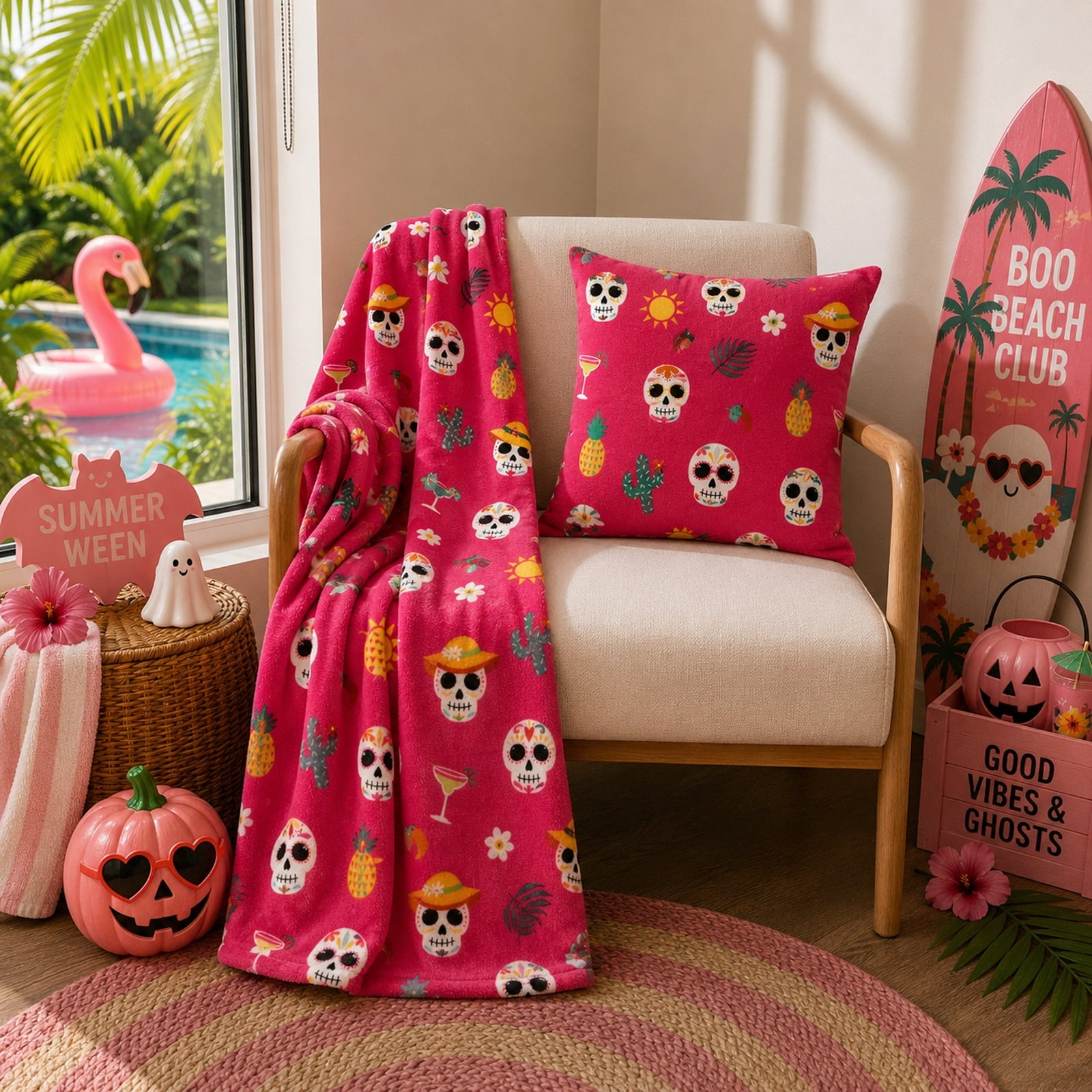 Summerween 18"x18" Plush Decorative Pillow, Vacation Ghosts