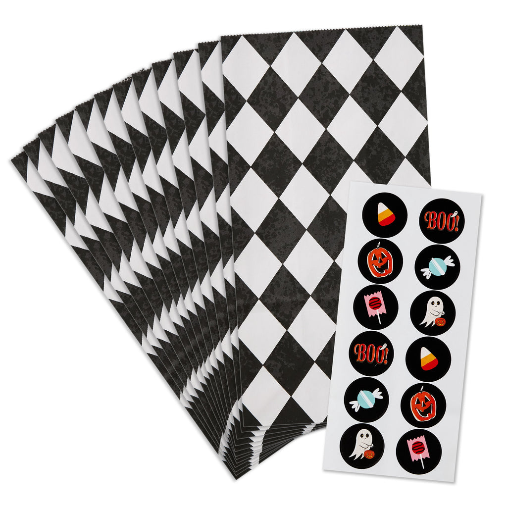 Hallmark Halloween Goodie Bags With Stickers (Black Checkered), 12 Count