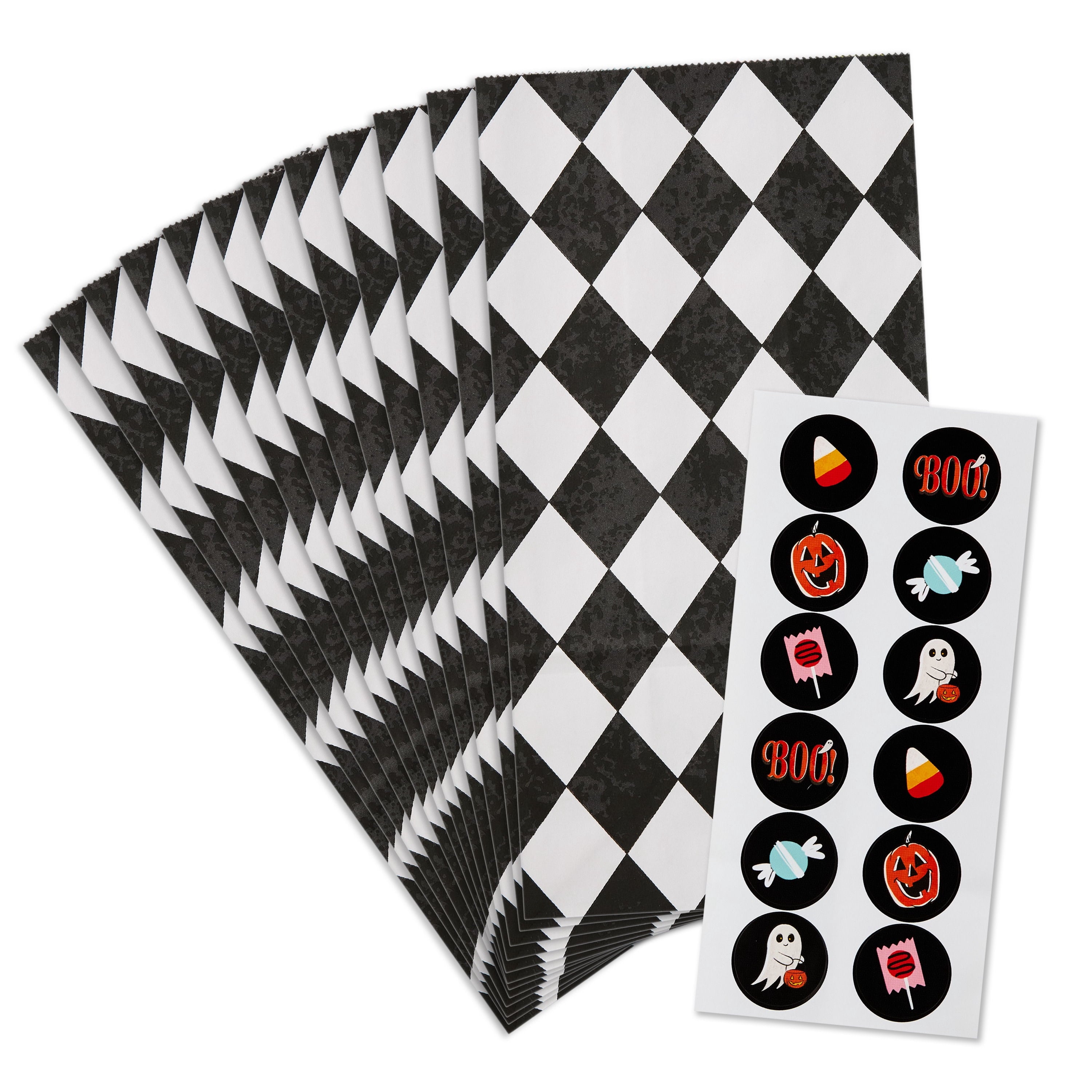 Hallmark Halloween Goodie Bags With Stickers (Black Checkered), 12 Count