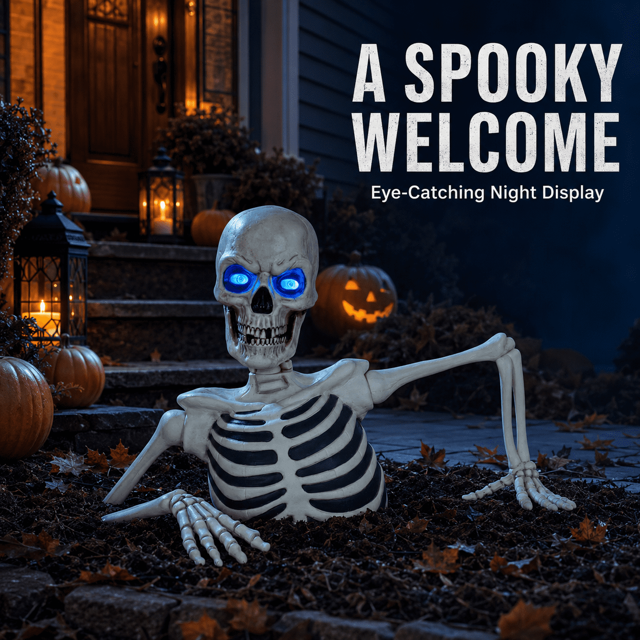 Ground Breaking Skeleton with LCD Glowing Eyes, Animated Halloween Prop Decoration, Spooky Yard Ornament for Lawn, Garden, Haunted House & Holiday Display, White