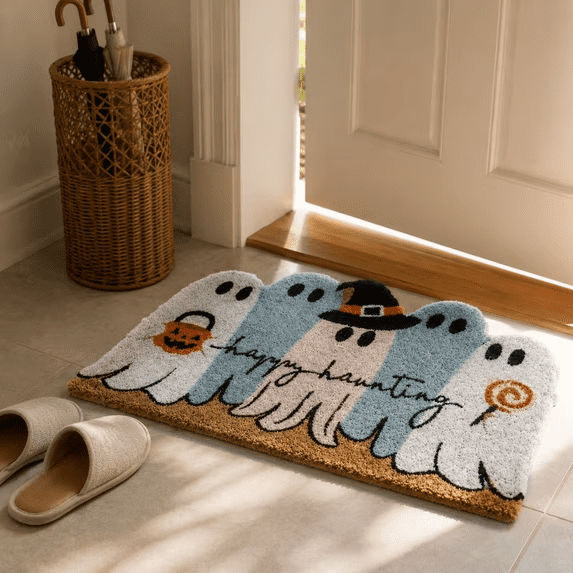 Halloween Doormat Ghost Bath Mat 23.6x15.7in Secure-Grip Absorbent Soft Faux Fur Rug for Bathroom Bedroom Living Room Decor by OVFUIZ