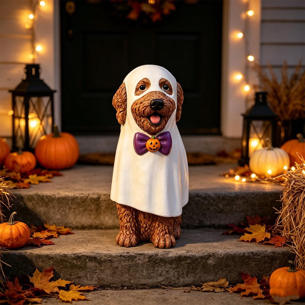 Lighted Scarecrow Bull Terrier Halloween Blow Mold, Cute Puppy Pumpkin Hat Halloween Decor, Resin Ornament for Patio Yard Tabletop Home Decoration, 8"